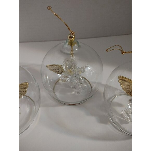 (3) Vintage Clear Glass Round Globe Dangle Angel Christmas Ornament Golden Wings - Picture 3 of 9